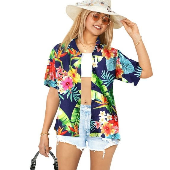 LA LEELA Women's Casual Beach Short Sleeve Blouse Shirt Luau Party Blouses Button Up Dress Tops Tee Shirts Hawaiian T Shirt for Women L Hibiscus Floral, Blue
