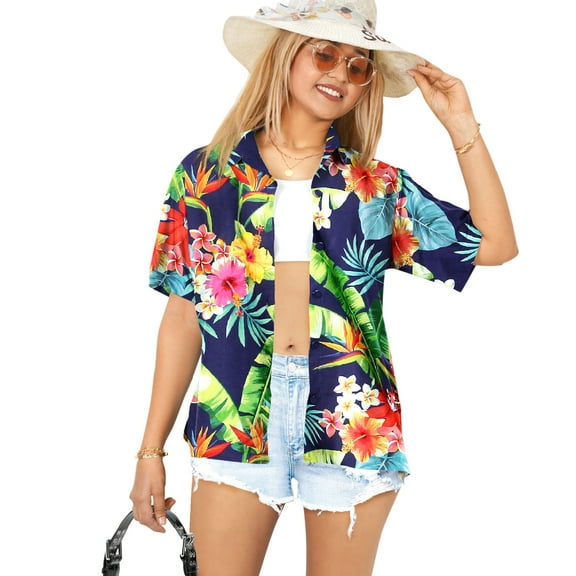 LA LEELA Women's Casual Beach Short Sleeve Blouse Shirt Luau Party Blouses Button Up Dress Tops Tee Shirts Hawaiian T Shirt for Women S Hibiscus Floral, Blue