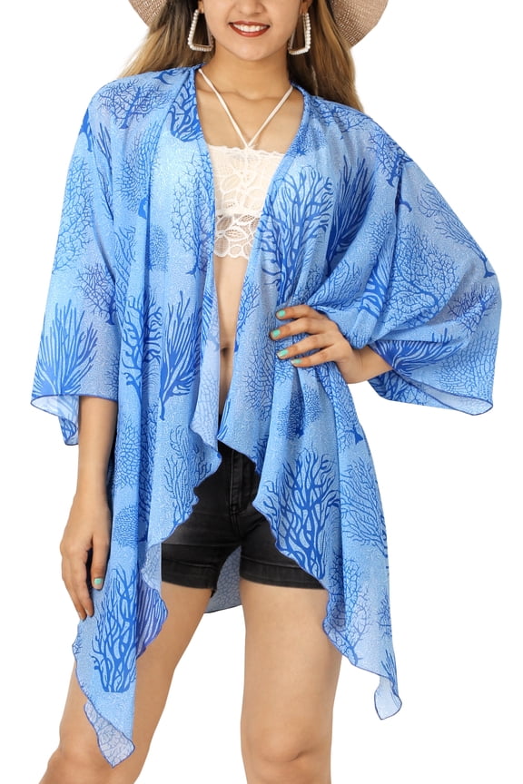 Women's Chiffon Summer Beach Bikini Cardigan Swimsuit Kimono Beachwear Duster L-XL Lapis, Tree