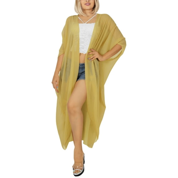 LA LEELA Women's Chiffon Summer Beach Open Front Holiday Kimono Beachwear Duster Cardigans 3X-4X Beige, Solid
