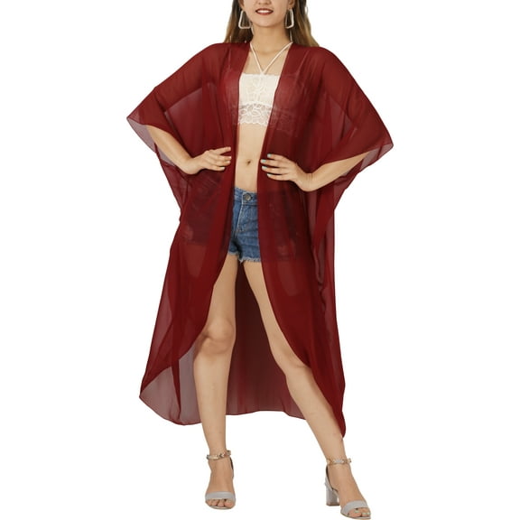 LA LEELA Women's Chiffon Summer Beach Open Front Holiday Kimono Beachwear Duster Cardigans 3X-4X Maroon, Plain