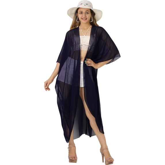 LA LEELA Women's Chiffon Summer Beach Open Front Holiday Kimono Beachwear Duster Cardigans 3X-4X Navy, Plain