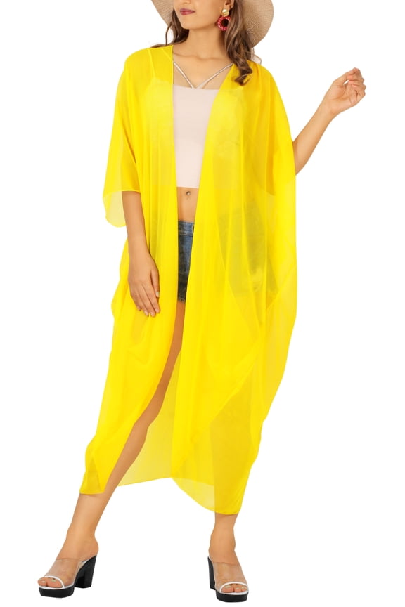 Women's Chiffon Summer Beach Open Front Holiday Kimono Beachwear Duster Cardigans 3X-4X Yellow, Solid