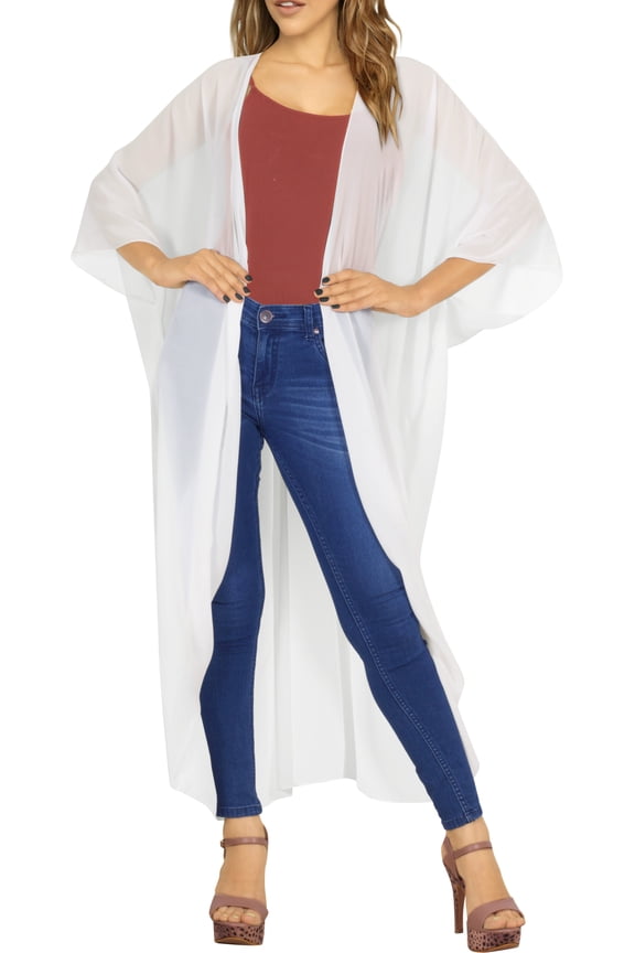 Women's Chiffon Summer Beach Open Front Holiday Kimono Beachwear Duster Cardigans for Women 3X-4X White, Solid