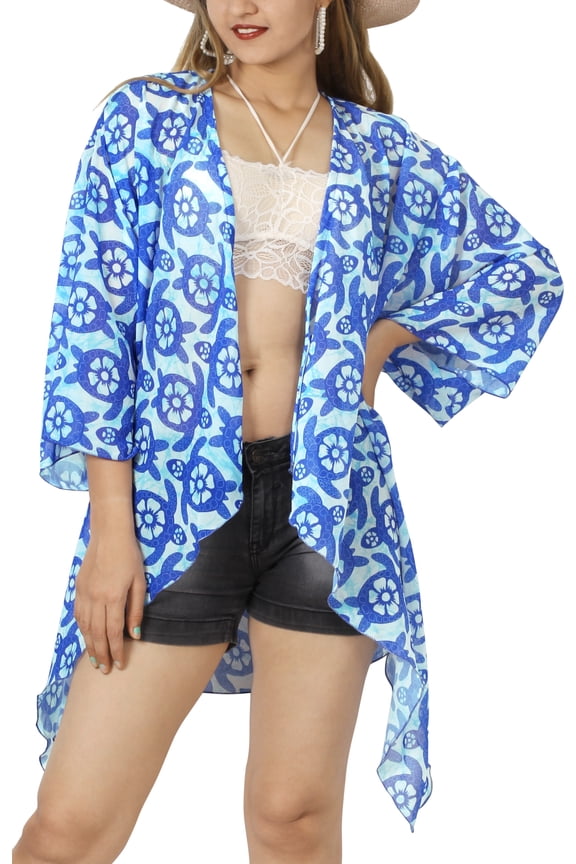 Women's Chiffon Summer Tropical Beach Loose Casual Kimono Tops Beachwear Duster Cardigan Cover up Kimonos for Women L-XL Dodger, Turtle