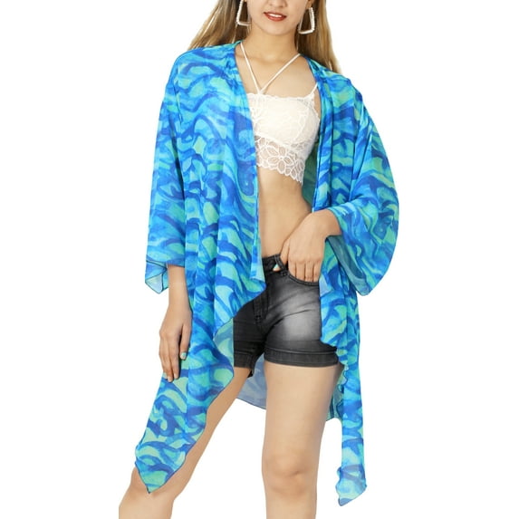 LA LEELA Women's Chiffon Summer Tropical Beach Loose Casual Kimono Tops Beachwear Duster Cardigan Cover up Kimonos for Women L-XL Han, Waves