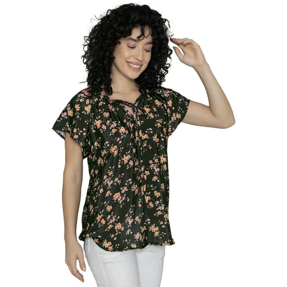 LA LEELA Women's Dressy Short Sleeve Loose Comfy Party Top Pleated Work Blouses Loose Casual Tunic Tops Trendy Flowy Blouse For Women L Black Floral