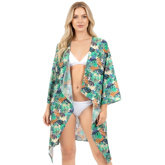 LA LEELA Women's Duster Cardigans Vintage Open Front Kimono L-XL Rainbow, Leaves