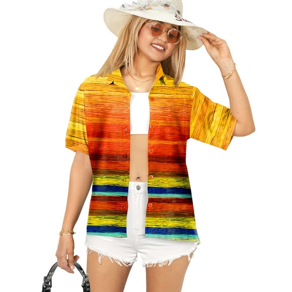 LA LEELA Women's Fashion Short-Sleeve Button Down Ladies Tops Bohemian Vacation Cute Hawaiian Shirt Modern Blouses For Women M Stripes, Multicolored