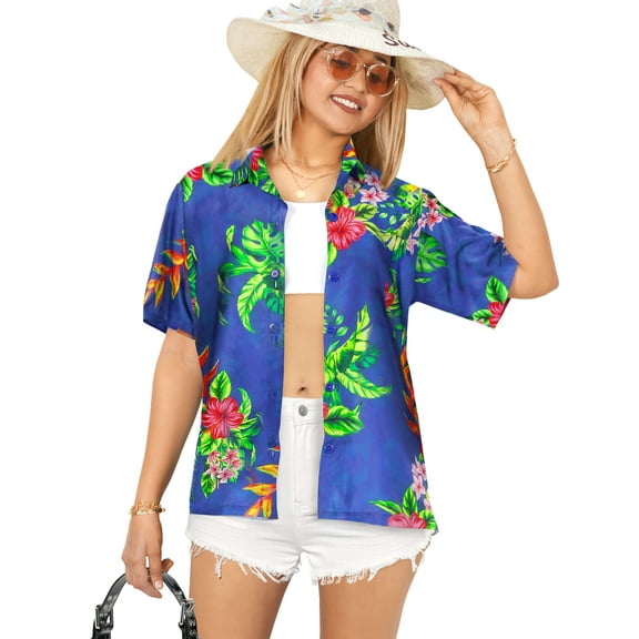 LA LEELA Women's Floral Beach Hawaiian Blouse Shirt V Neck Blouses Button Down Short Sleeve Dress Tops Tee Shirts for Women S Hibiscus Leafs, Blue