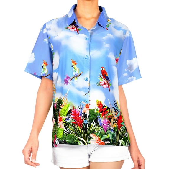 LA LEELA Women's Floral Beach Hawaiian Blouses Shirt T-Shirt Blouse Short Sleeve Button Up Dress Tee Shirts Tops for Women M Cockatoos, Blue