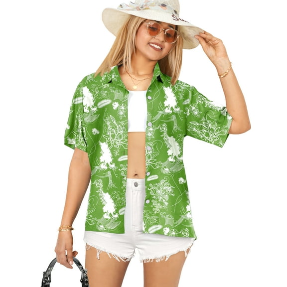 LA LEELA Women's Funky Button Down Short Sleeve Blouse Top Dress Shirt Beach Hawaiian Floral Shirts for Women L Floral, Autumn Green