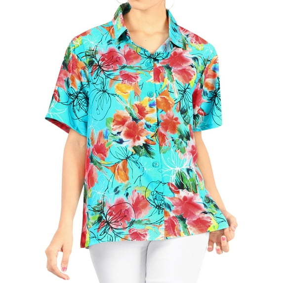LA LEELA Women's Funky Button Down Short Sleeve Blouse Top Dress Shirt Beach Hawaiian Floral Shirts for Women M Hibiscus Floral, Blue