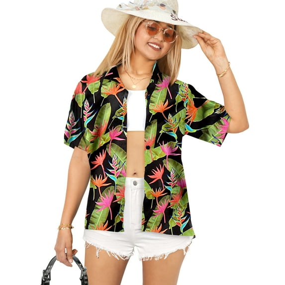 LA LEELA Women's Funky Button Down Short Sleeve Blouse Top Dress Shirt Beach Hawaiian Floral Shirts for Women S Autumn Leaves, Black