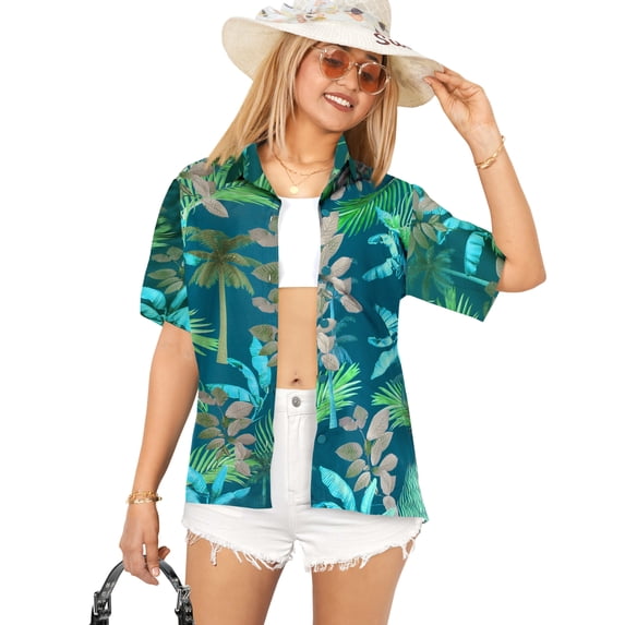 LA LEELA Women's Funky Button Down Short Sleeve Blouse Top Dress Shirt Beach Hawaiian Floral Shirts for Women S Palm Tree, Blue