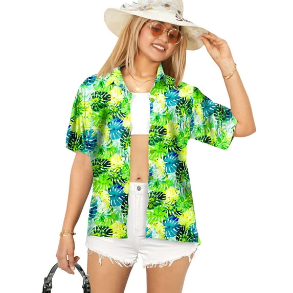 LA LEELA Women's Loose Blouses Button Down Short Sleeve Dressy Relaxed Fit Holidays Ladies Bohemian Summer Tops For Women S Monstera Leaves, Green