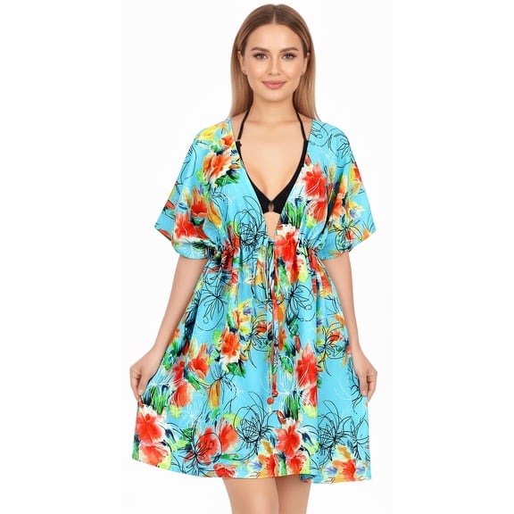 LA LEELA Women's Short Fall Swimsuit Swimwear Cover Ups Tops XL-XXL Blue_AC622