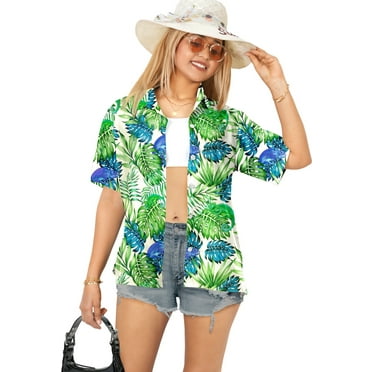 LA LEELA Women's Short-Sleeve Summer Blouses Fashion Beach Bohemian Party Vacation Relaxed Fit Button Down Hawaiian Shirt L Leaves, White