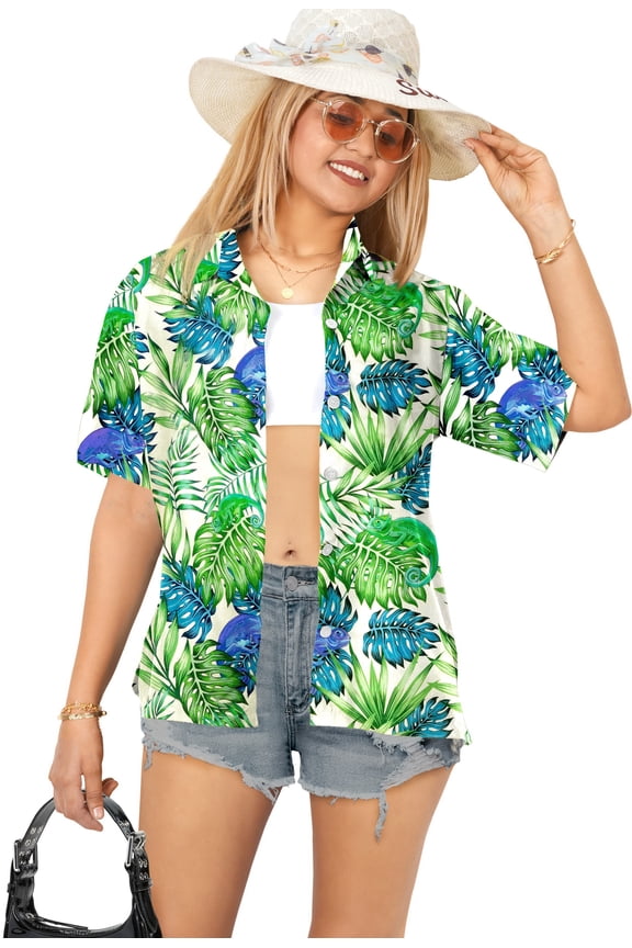 Women's Short-Sleeve Summer Blouses Fashion Beach Bohemian Party Vacation Relaxed Fit Button Down Hawaiian Shirt L Leaves, White