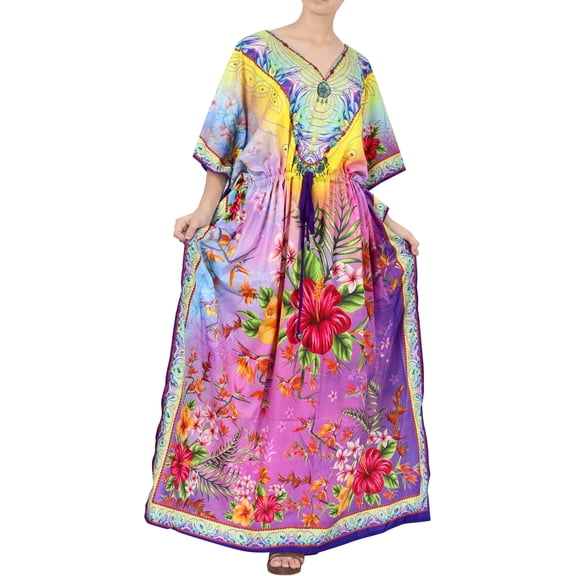 LA LEELA Women's Summer African Beach Maxi Slit Dresses Caftan Loungewear Dashiki Print Casual Cover up Caftans for Women 2X-3X Purple Pebble, Hibiscus