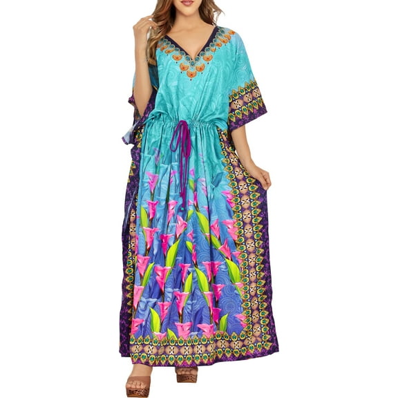 LA LEELA Women's Summer African Beach Maxi Slit Dresses Caftan Loungewear Dashiki Print Casual Cover up Caftans for Women Plus 2X-3X Blue, Floral