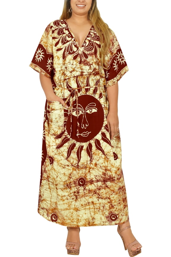 Women's Summer Batik Caftan Long Loungewear Dashiki House Dress with Pockets Sleepwear for Women Nightgown 1X-2X Blush, Sun