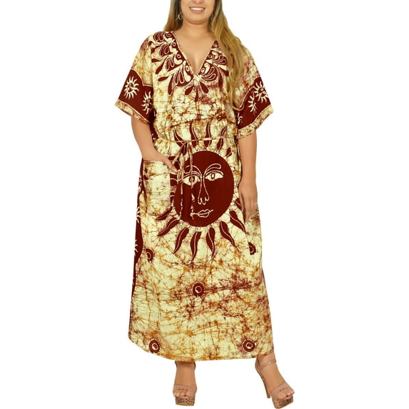 LA LEELA Women's Summer Batik Caftan Long Loungewear Dashiki House Dress with Pockets Sleepwear for Women Nightgown 1X-2X Blush, Sun