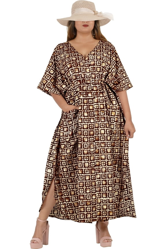 Women's Summer Batik Caftan Long Loungewear Dashiki House Dress with Pockets Sleepwear for Women Nightgown 1X-2X Brown, Checks