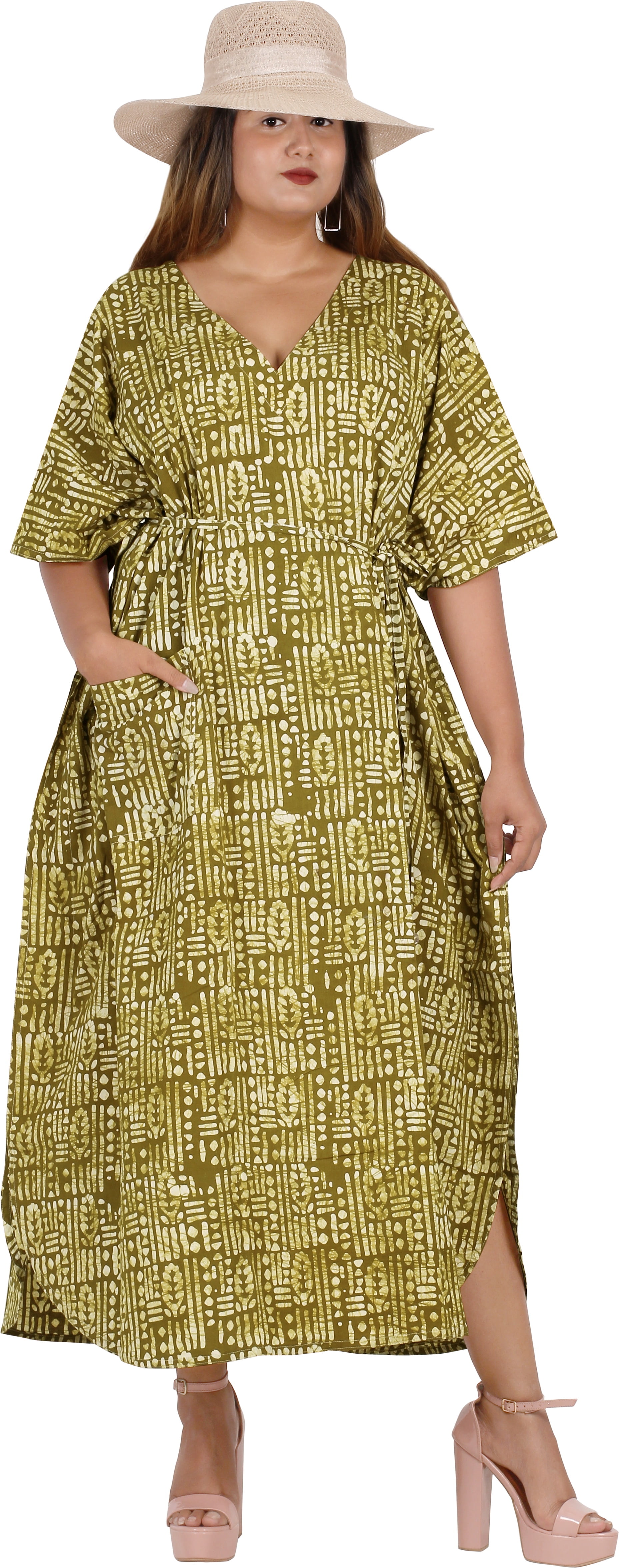LA LEELA Women's Cotton Batik Caftan Dress - One Size Fits 14-30W, Floral Print, Beach Cover Up