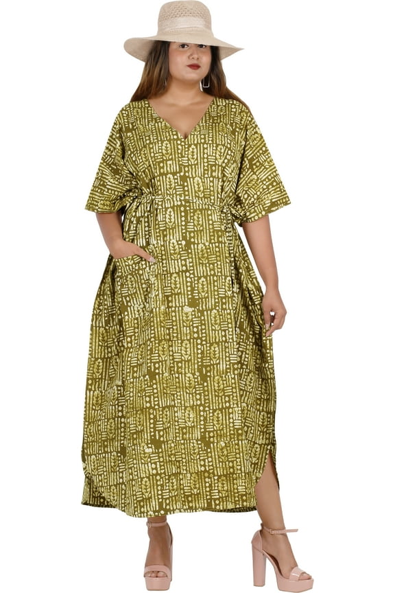Women's Summer Batik Caftan Long Loungewear Dashiki House Dress with Pockets Sleepwear for Women Nightgown 1X-2X Gold, Leaves
