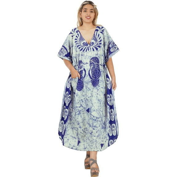 LA LEELA Women's Summer Batik Caftan Long Loungewear Dashiki House Dress with Pockets Sleepwear for Women Nightgown 1X-2X Royal, Footwear