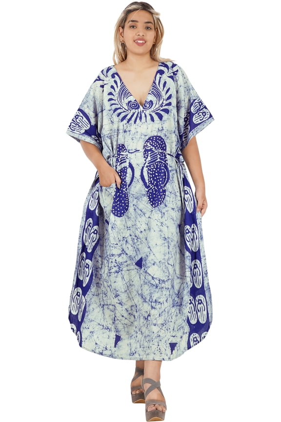Women's Summer Batik Caftan Long Loungewear Dashiki House Dress with Pockets Sleepwear for Women Nightgown 1X-2X Royal, Footwear