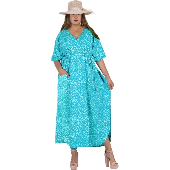 LA LEELA Women's Summer Batik Caftan Long Loungewear Dashiki House Dress with Pockets Sleepwear for Women Nightgown 1X-2X Teal, Floral