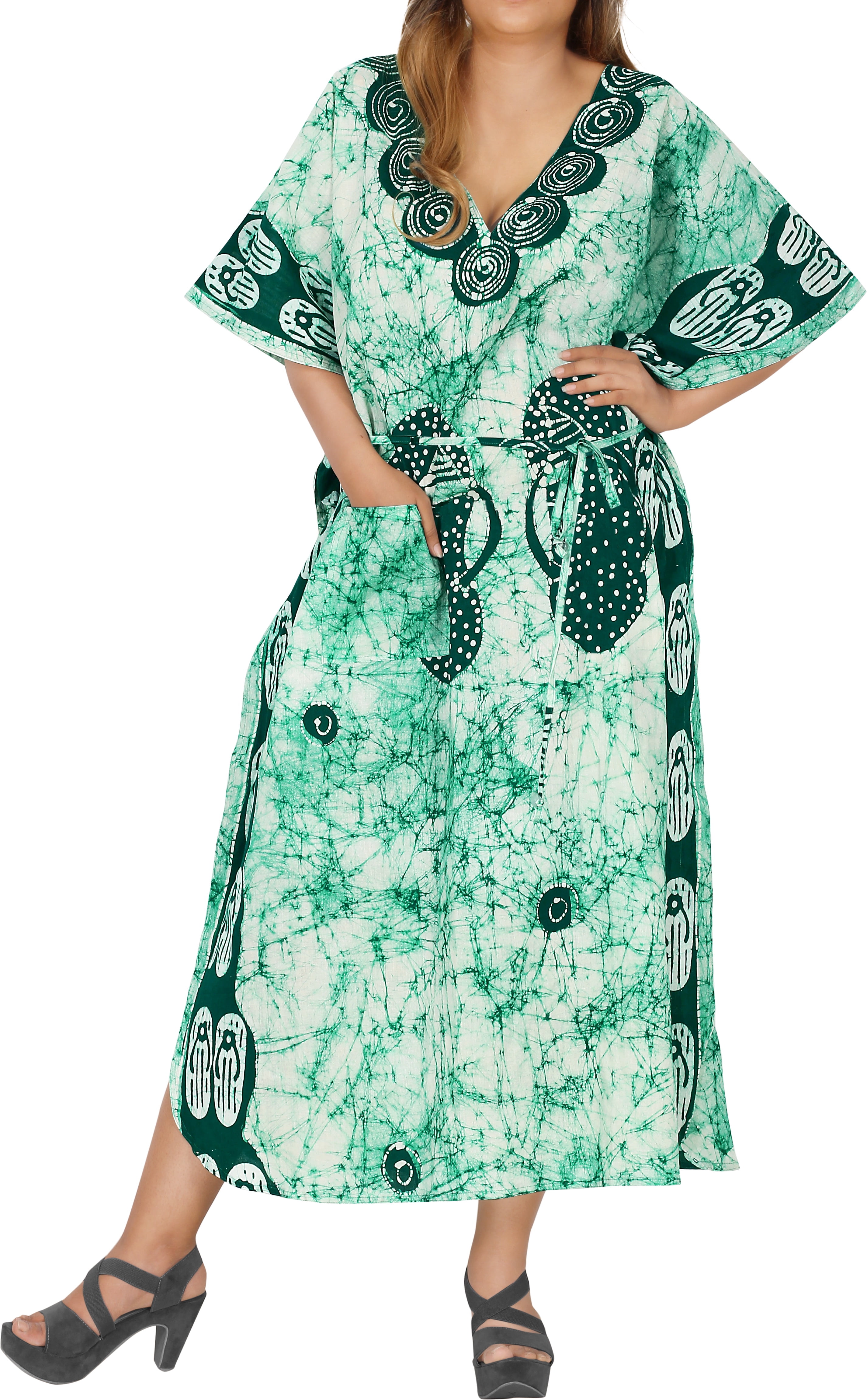 LA LEELA Women's Summer Batik Caftan Long Loungewear Dashiki House Dress  with Pockets Sleepwear for Women Nightgown plus Size 1X-2X Green, Footwear  - Walmart.com