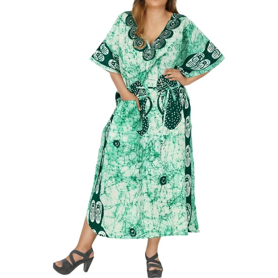 LA LEELA Women's Summer Batik Caftan Long Loungewear Dashiki House Dress with Pockets Sleepwear for Women Nightgown plus Size 1X-2X Green, Footwear
