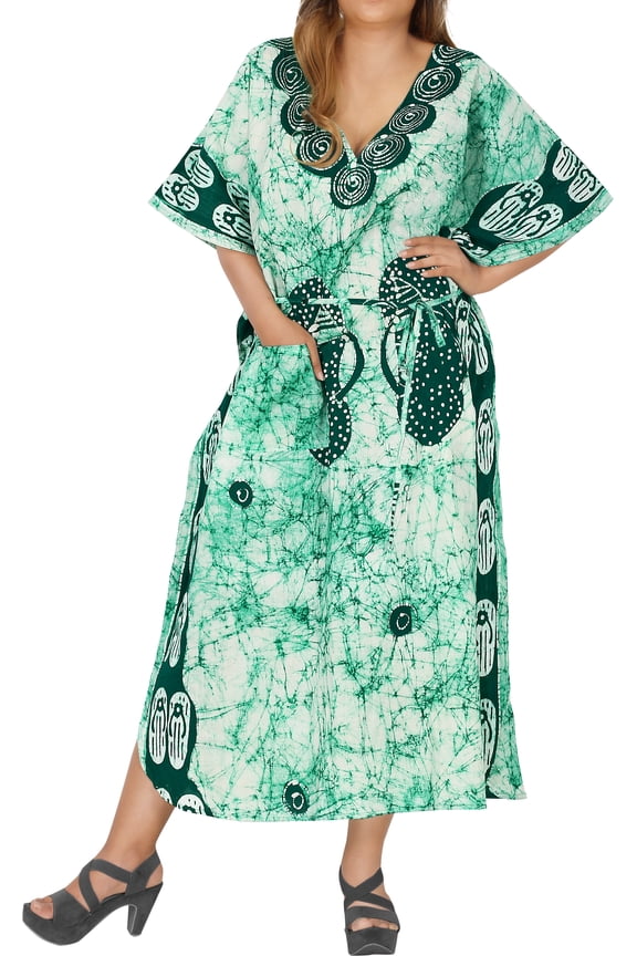 Women's Summer Batik Caftan Long Loungewear Dashiki House Dress with Pockets Sleepwear for Women Nightgown plus Size 1X-2X Green, Footwear