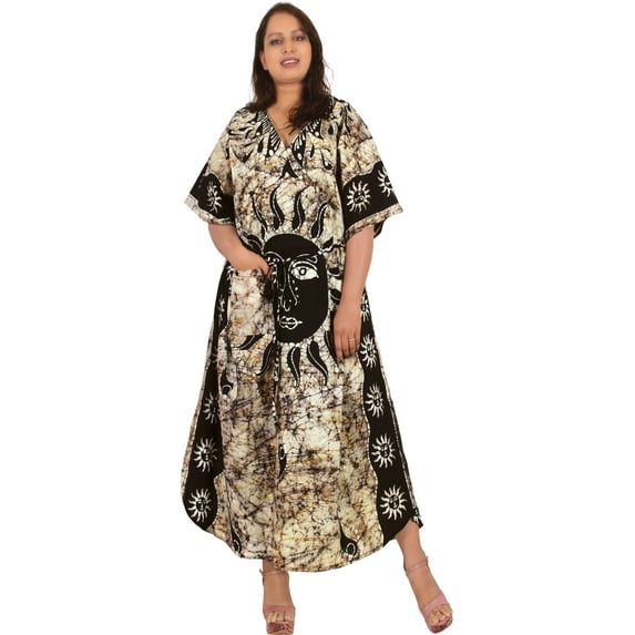 LA LEELA Women's Summer Batik Caftan Long Loungewear Dashiki House Dress with Pockets Sleepwear for Women Nightgown plus Size 1X-2X Sun, Black