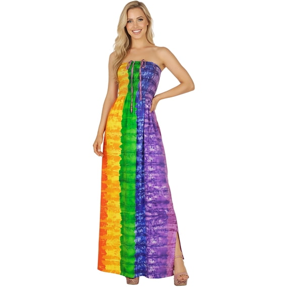 LA LEELA Women's Summer Beach Maxi A-Line LGBTQ Pride Flag Rainbow Stripe Slit Party Strapless Tube Top Dress One Size Multi, Stripes