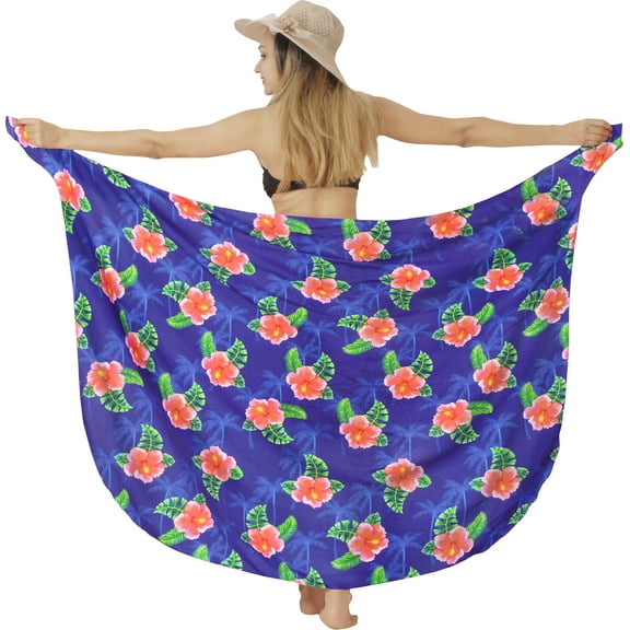 LA LEELA Women's Summer Beachwear Sarong Coverups Swimsuit Wrap Skirt Swim Cover up Bikini Beach Wraps for Women One Size Allover Hibiscus, Royal Blue
