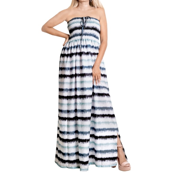 LA LEELA Women's Summer Boho A line Slit Maxi Beach Dress Smocked Top Evening Long Strapless Tube Dresses for Women L-XL Grey Stripe