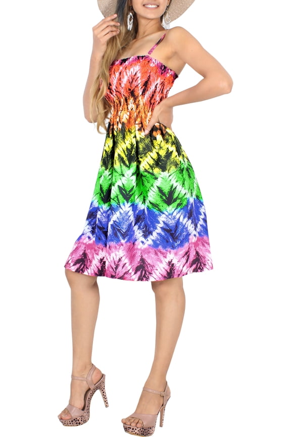LA LEELA Women's Summer Boho Halter Smocked Mini Flowy Beach Dress Tube Top Strapless Dresses for Women One Size Aztec, Multicolor