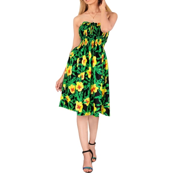 LA LEELA Women's Summer Boho Halter Smocked Mini Flowy Beach Dress Tube Top Strapless Dresses for Women One Size Black, Floral