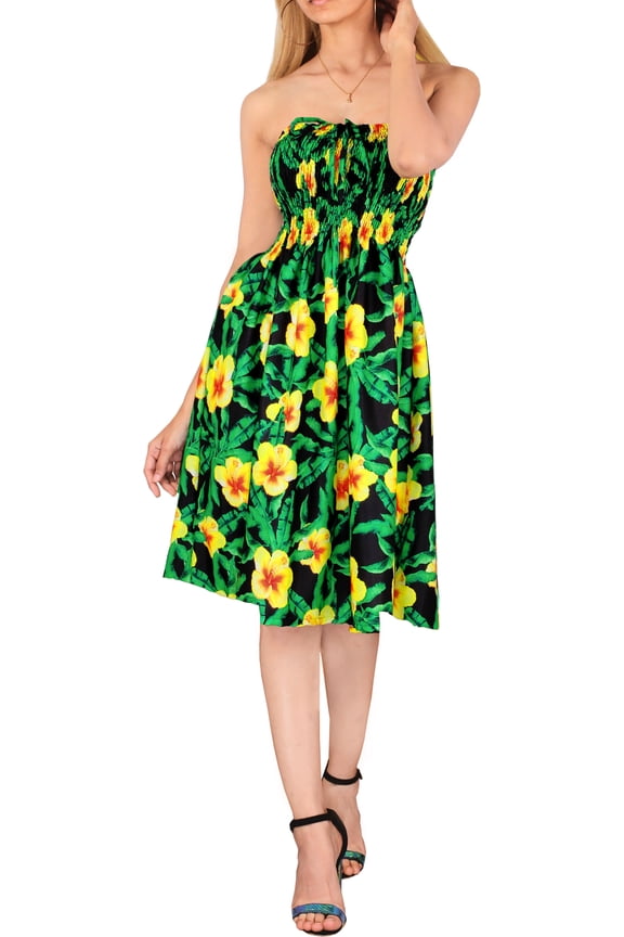 Women's Summer Boho Halter Smocked Mini Flowy Beach Dress Tube Top Strapless Dresses for Women One Size Black, Floral