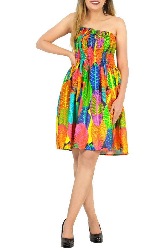 Women's Summer Boho Halter Smocked Mini Flowy Beach Dress Tube Top Strapless Dresses for Women One Size Denim, Leaves