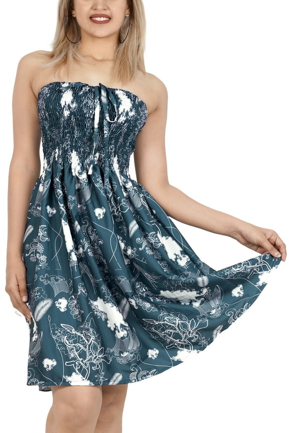 Women's Summer Boho Halter Smocked Mini Flowy Beach Dress Tube Top Strapless Dresses for Women One Size Flower, Blue