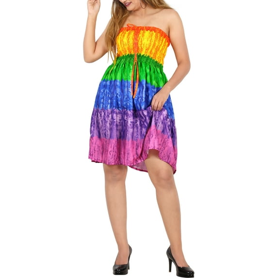 LA LEELA Women's Summer Boho Halter Smocked Mini Flowy Beach Dress Tube Top Strapless Dresses for Women One Size Green, Stripes