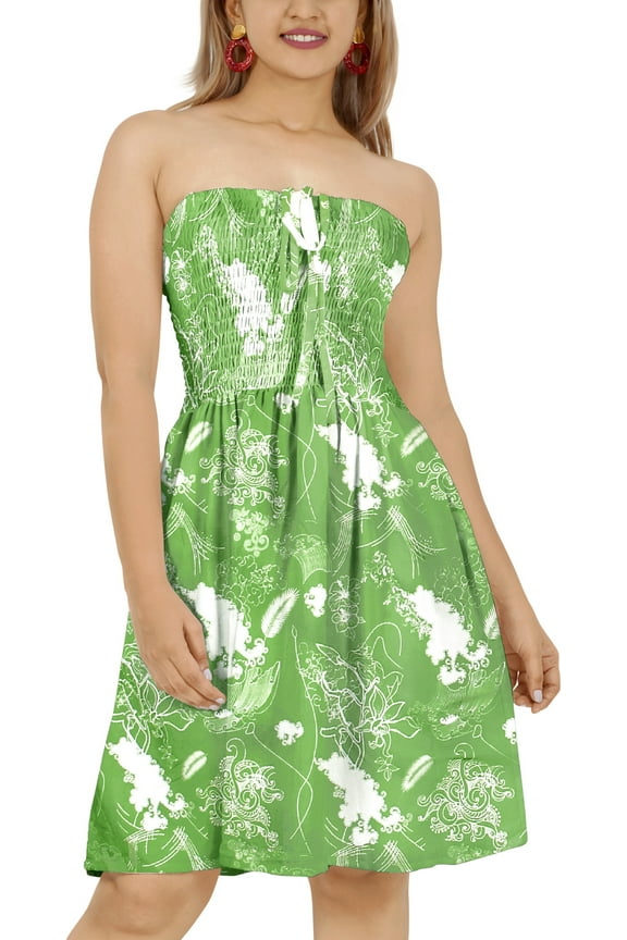 Women's Summer Boho Halter Smocked Mini Flowy Beach Dress Tube Top Strapless Dresses for Women One Size Hibiscus, Green