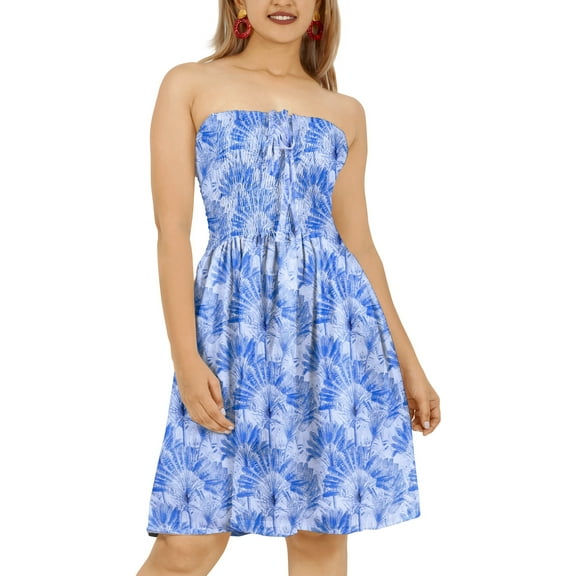 LA LEELA Women's Summer Boho Halter Smocked Mini Flowy Beach Dress Tube Top Strapless Dresses for Women One Size Leafs, Blue