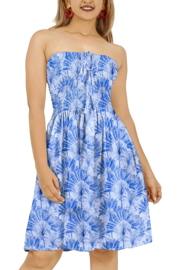 Women's Summer Boho Halter Smocked Mini Flowy Beach Dress Tube Top Strapless Dresses for Women One Size Leafs, Blue