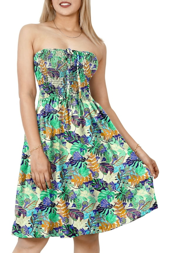 Women's Summer Boho Halter Smocked Mini Flowy Beach Dress Tube Top Strapless Dresses for Women One Size Leaves, Multi